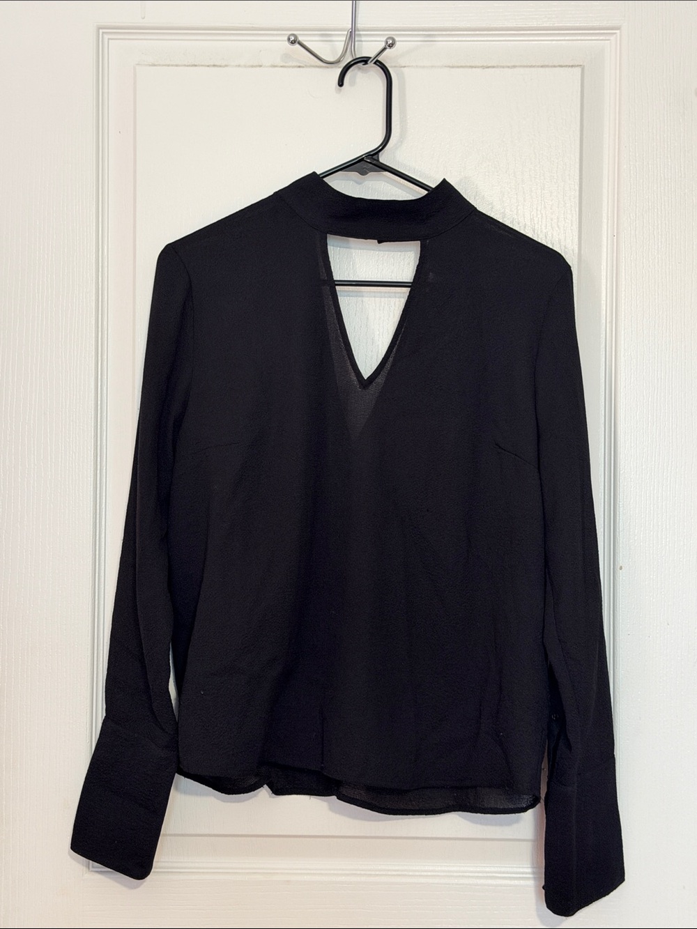 Divided Black Long-Sleeve Keyhole Mock Neck Blouse